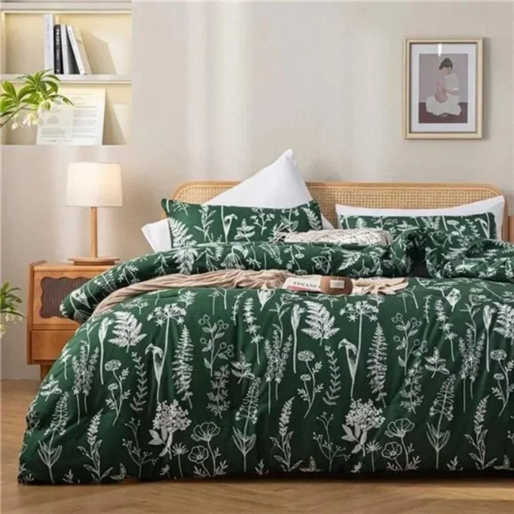 Comforter Set Emerald Comforter Set 3 PCS Bedding Floral Plant Flowers King/Quee